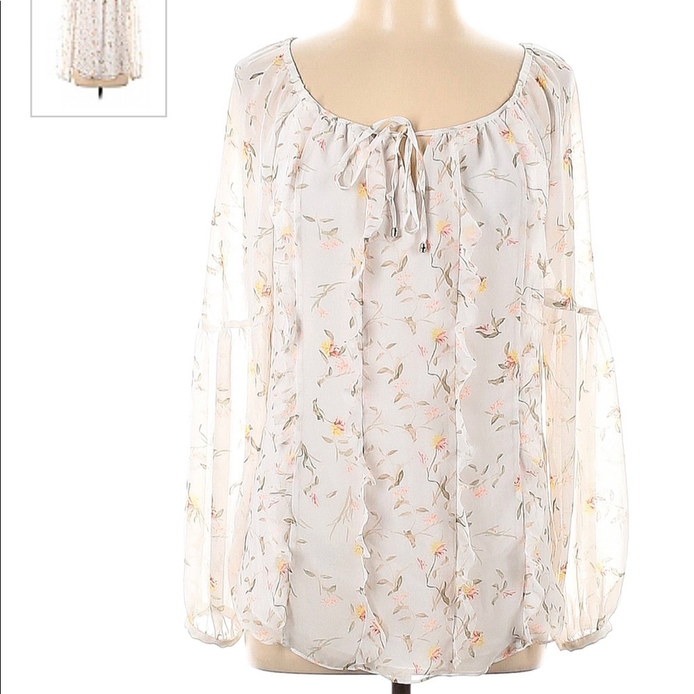 White House Black Market Floral Long Sleeve Tie Front Blouse